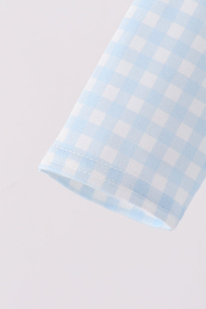 Blue train embroidery gingham romper