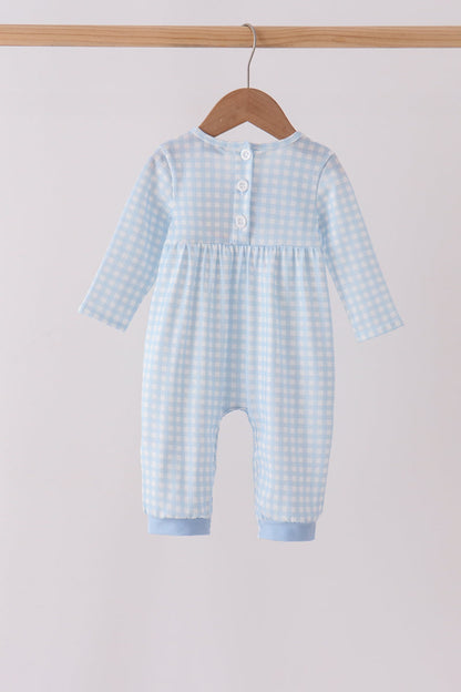 Blue train embroidery gingham romper