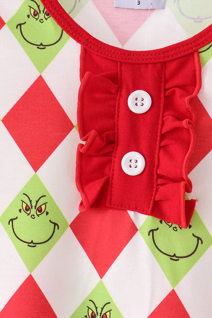 Red grinch print ruffle pajama set