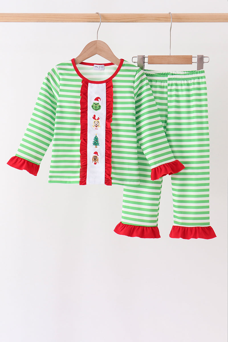 Green stripe grinch embroidery ruffle pajama set