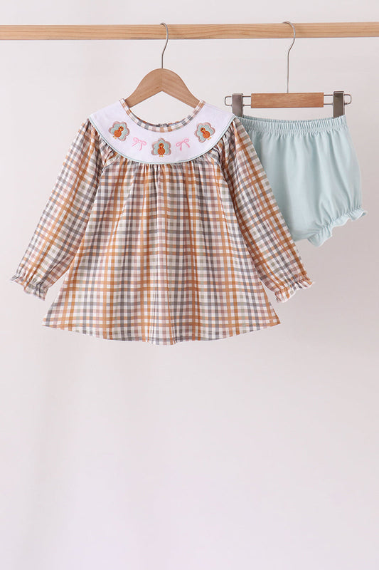 Khaki Turkey Bow Embroidery Bloomer Set