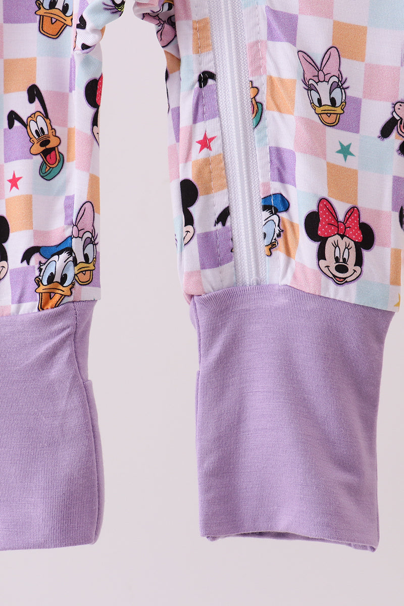 Premium purple character print checkered bamboo romper