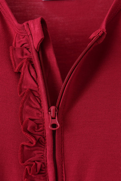 Burgundy ruffle zipper bamboo anti-slip romper – view 3