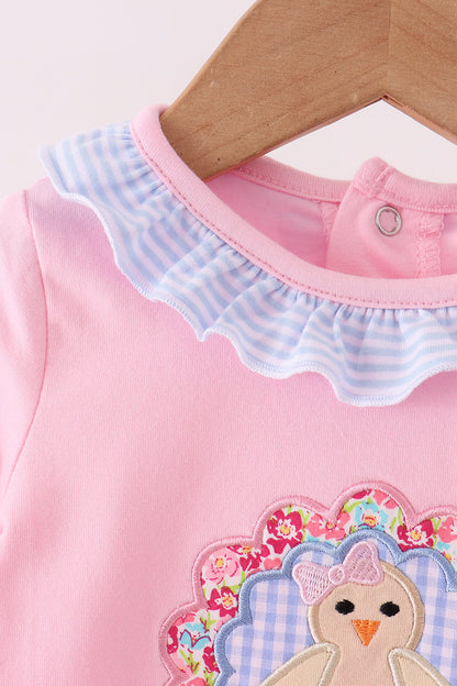 Pink turkey embroidery ruffle romper