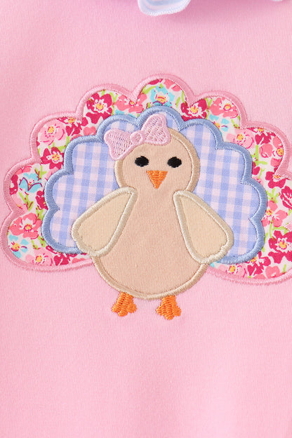 Pink turkey embroidery ruffle romper
