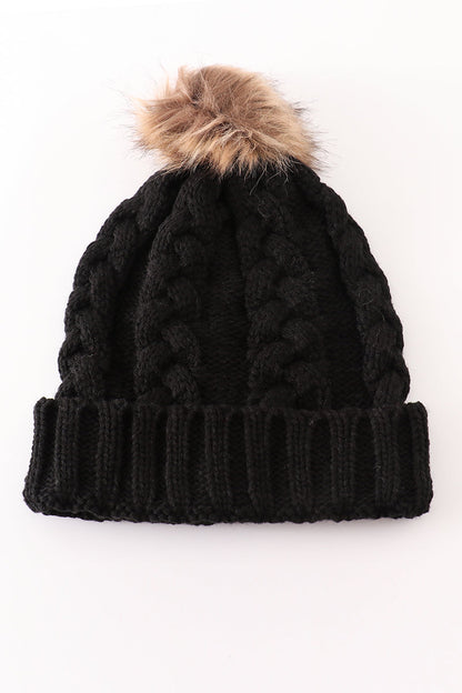 Black pompom cable beanie hat