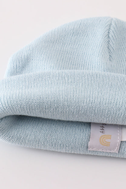 Blue ribbed basic knit beanie hat
