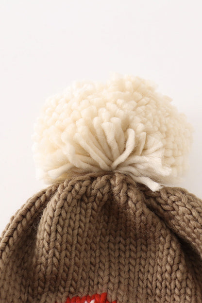 Brown pompom mushroom cable beanie hat