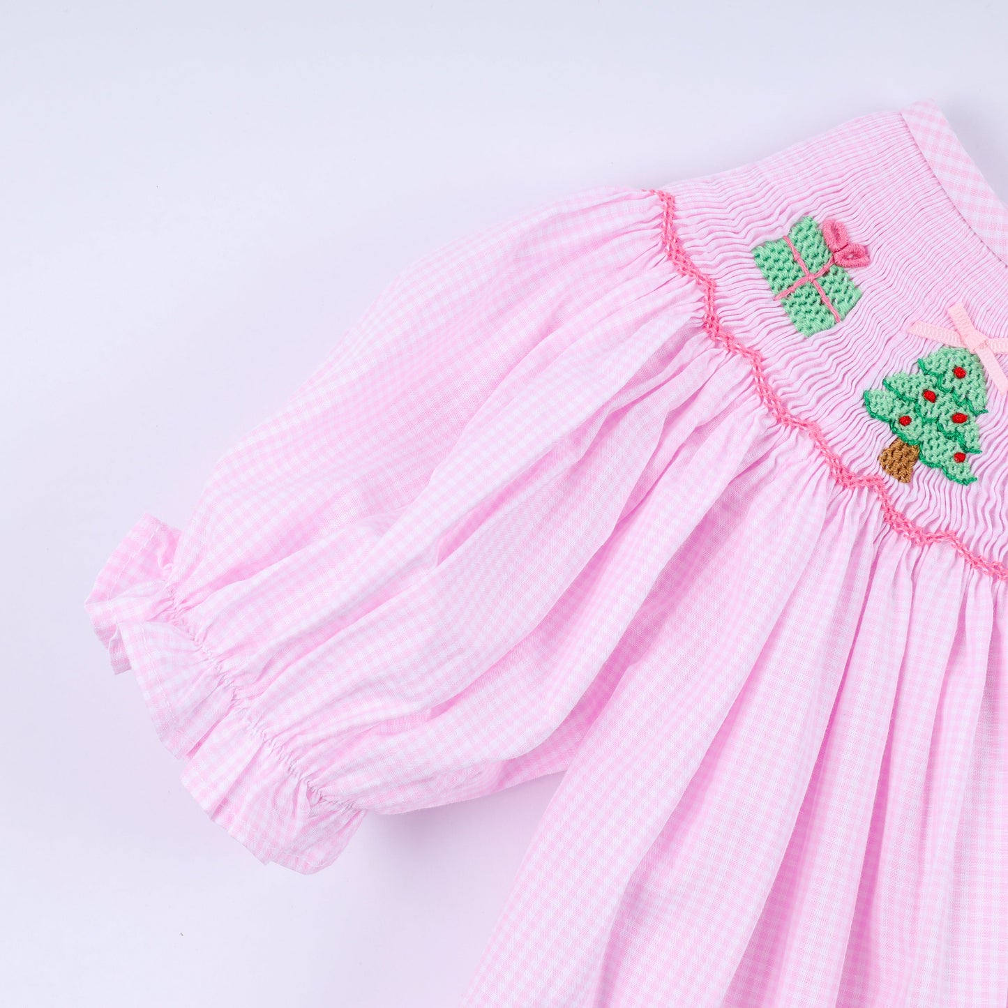 Pink christmas tree hand smocked ruffle pants set