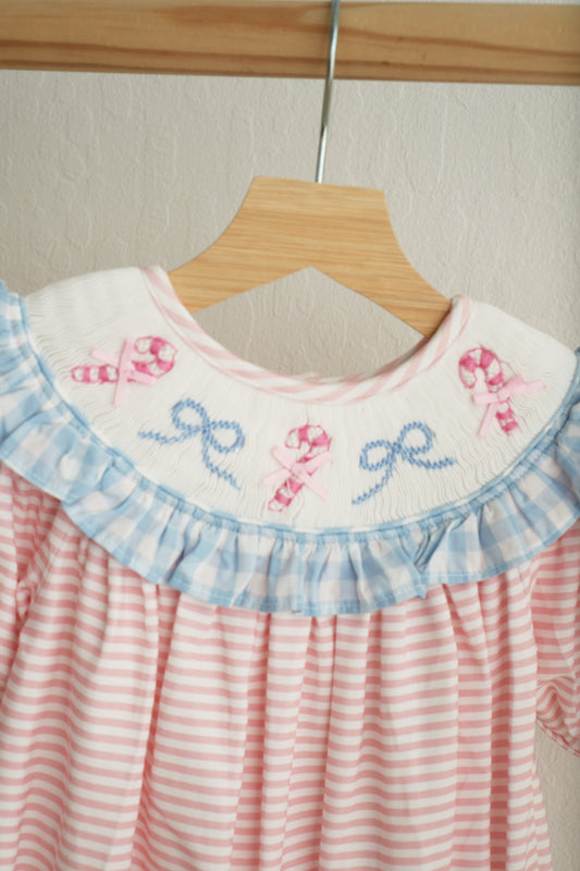 Pink candy cane bow hand smocked ruffle romper