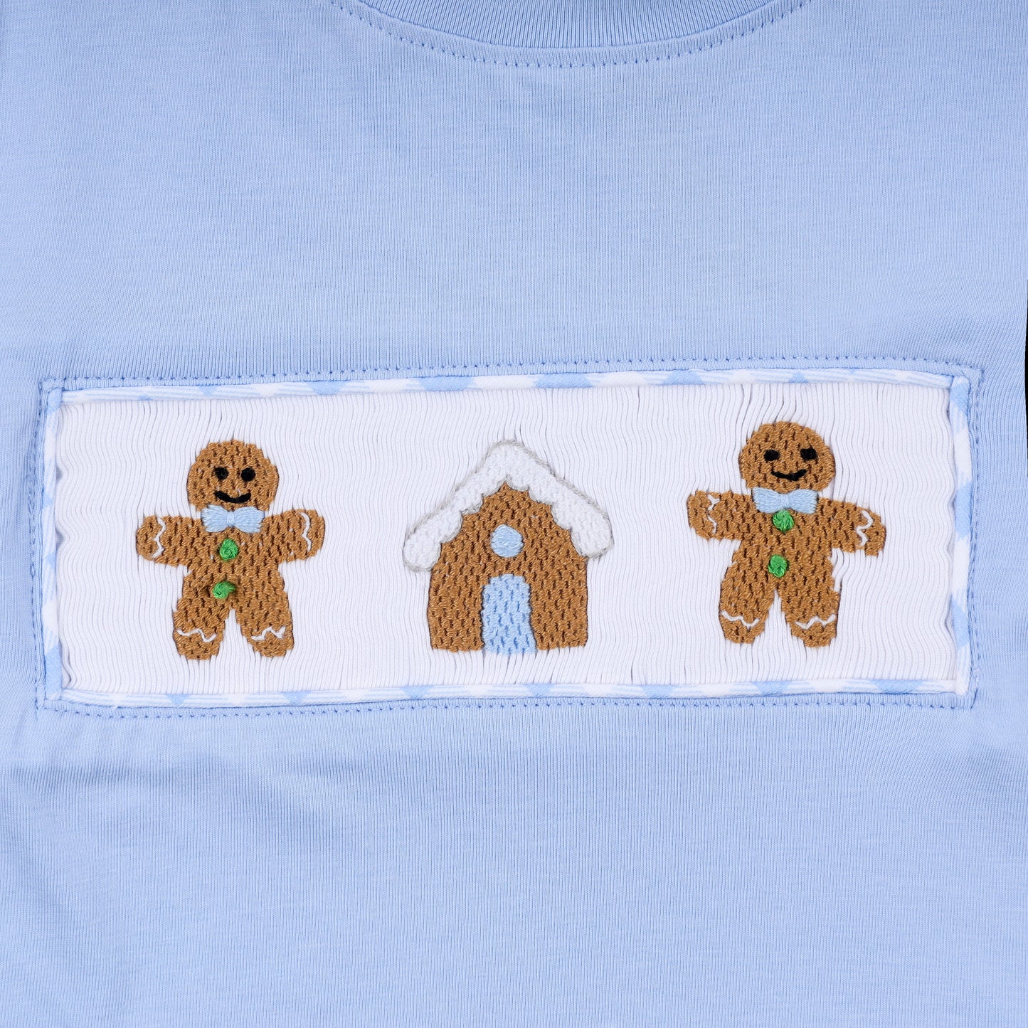 Blue gingerbread hand smocked gingham pants set