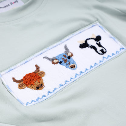Sage cow hand smocked gingham pants set