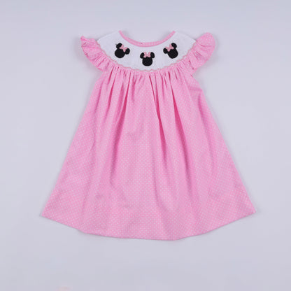 Pink character hand smocked dot ruffle dress