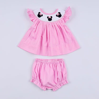 Pink character hand smocked dot ruffle bloomer set