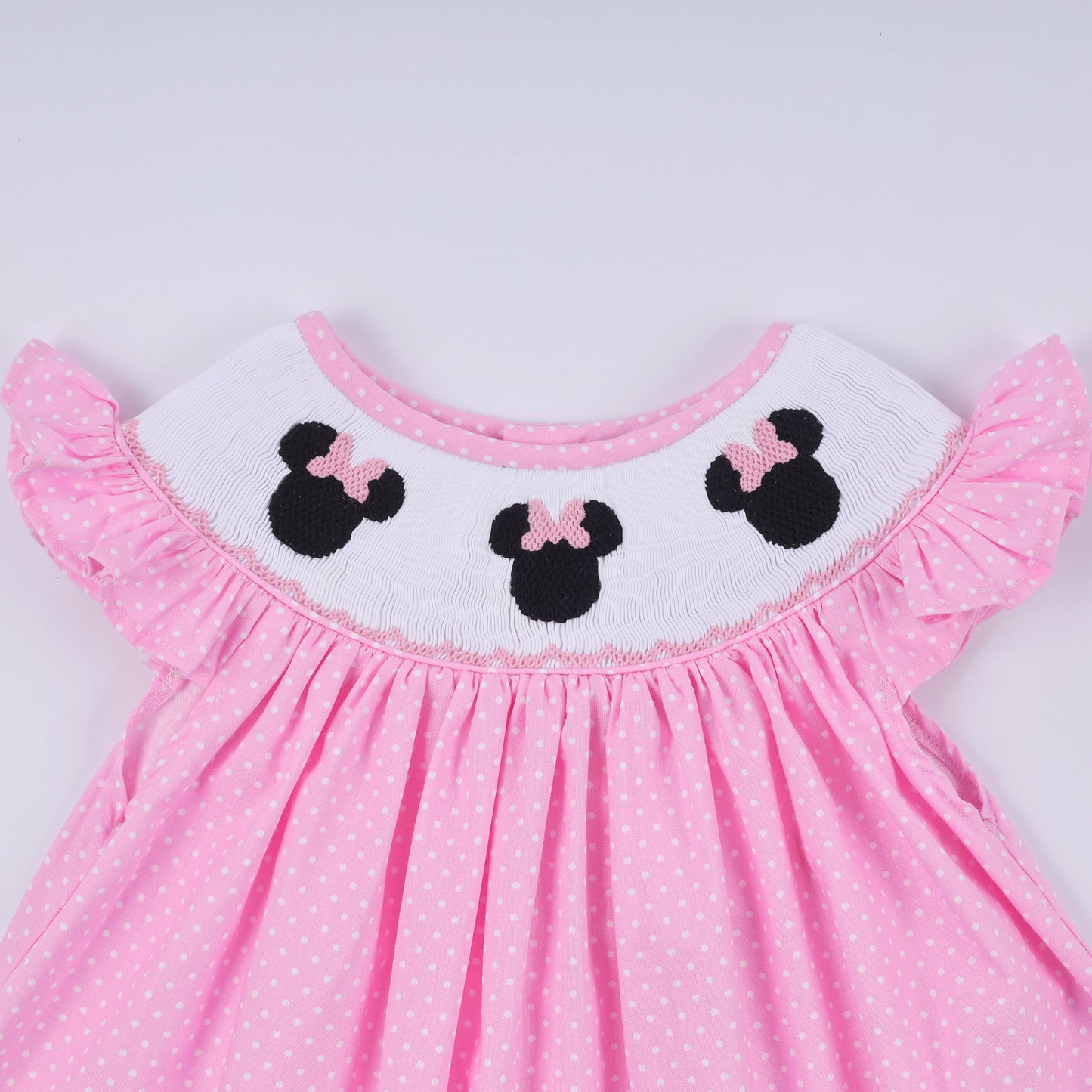 Pink character hand smocked dot ruffle pants set