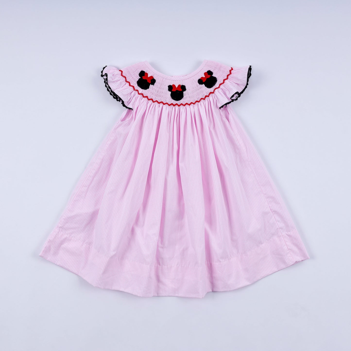 Red character hand smocked plaid ruffle dress