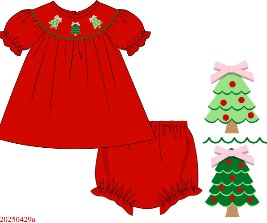 Red christmas tree hand smocked bloomer set