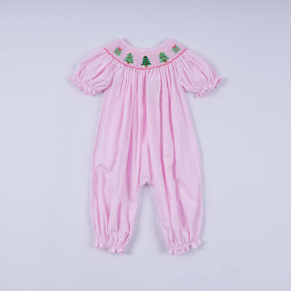 Pink christmas tree hand smocked ruffle romper