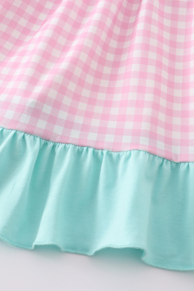 Pink tractor embroidery plaid dress