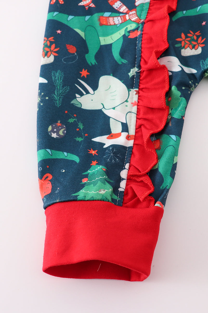 Green dinosaur print ruffle romper