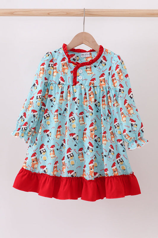 Blue christmas character print ruffle gown