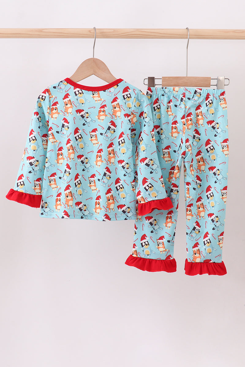 Blue christmas character print pajamas ruffle pants set