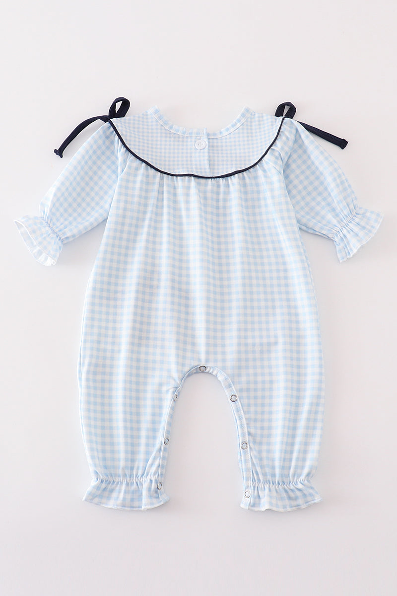 Navy plaid nativity embroidery girl romper