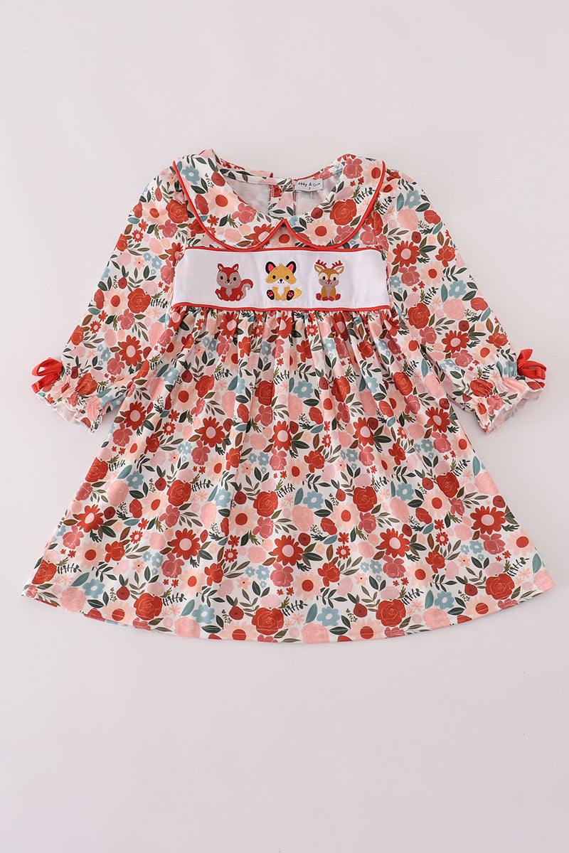 Fox embroidery floral print dress