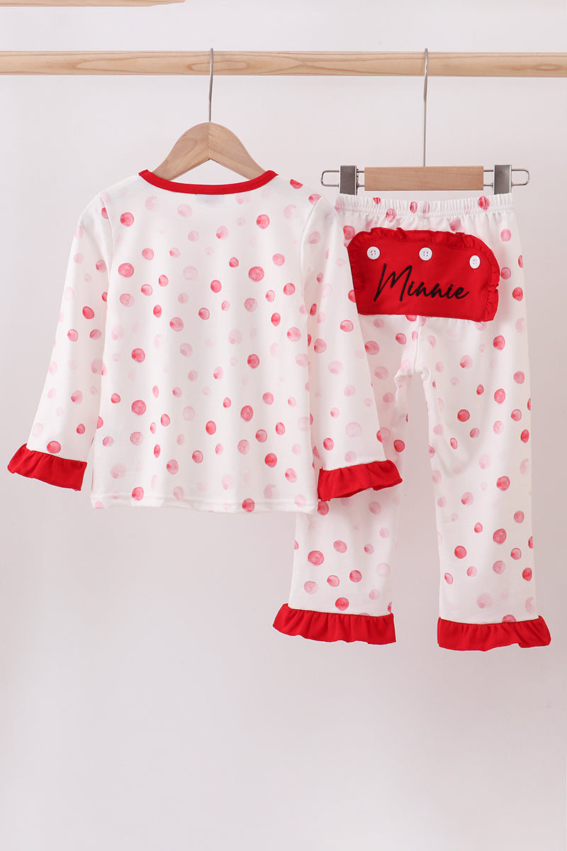 Red polka dot character applique pants set