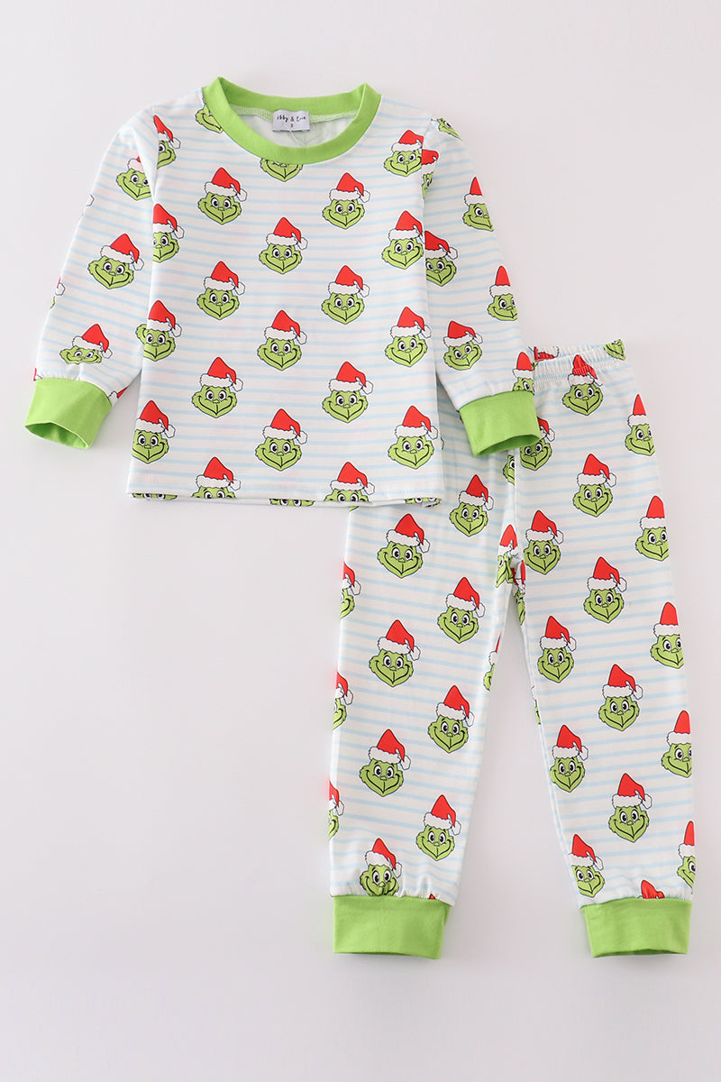 Green striped grinch print boy pajamas