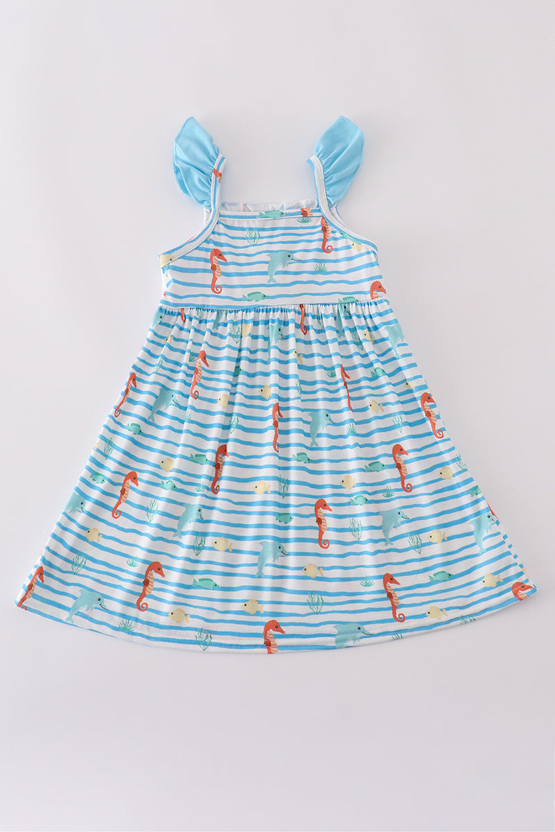Blue marine creature embroidery dress