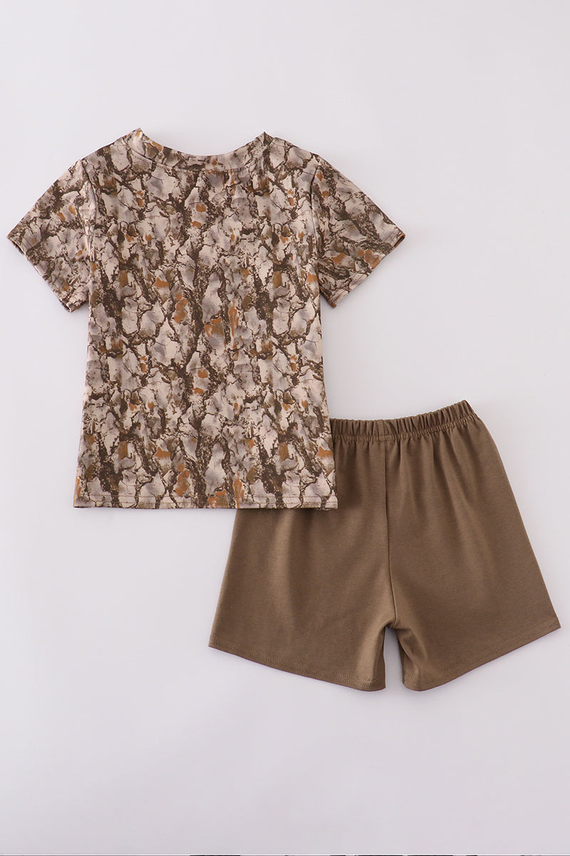 Brown three deers embroidery shorts set
