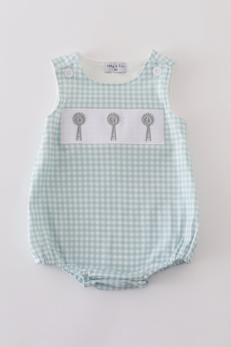 Green farm windmill embroidery gingham bubble