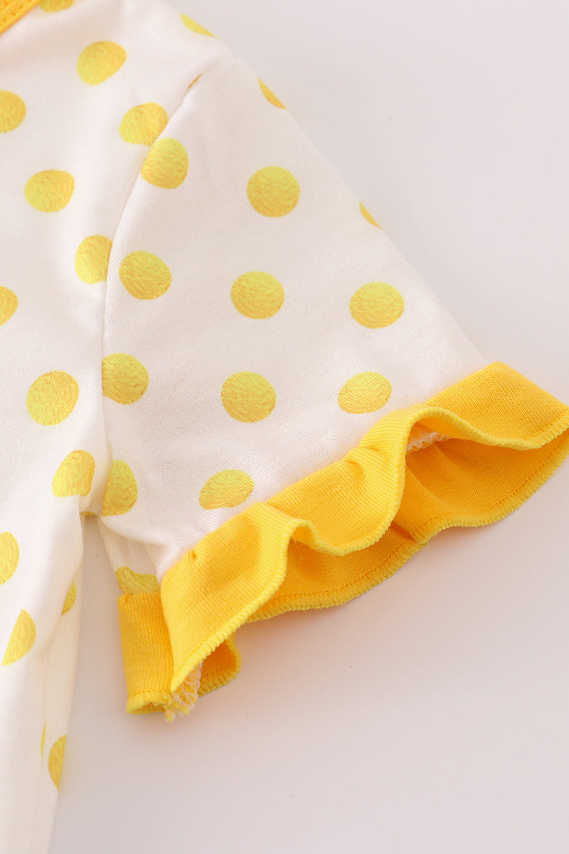 Yellow character applique dot romper