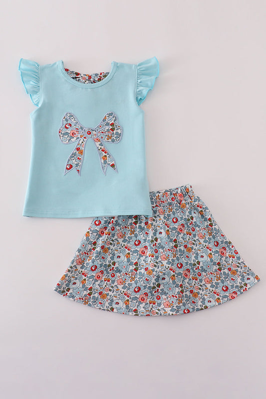 Blue floral bow applique active skorts set
