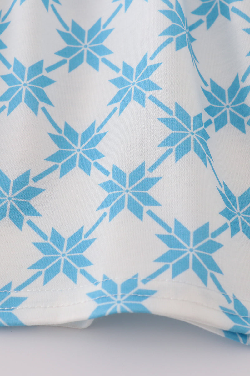 Blue character embroidery bow ruffle shorts set