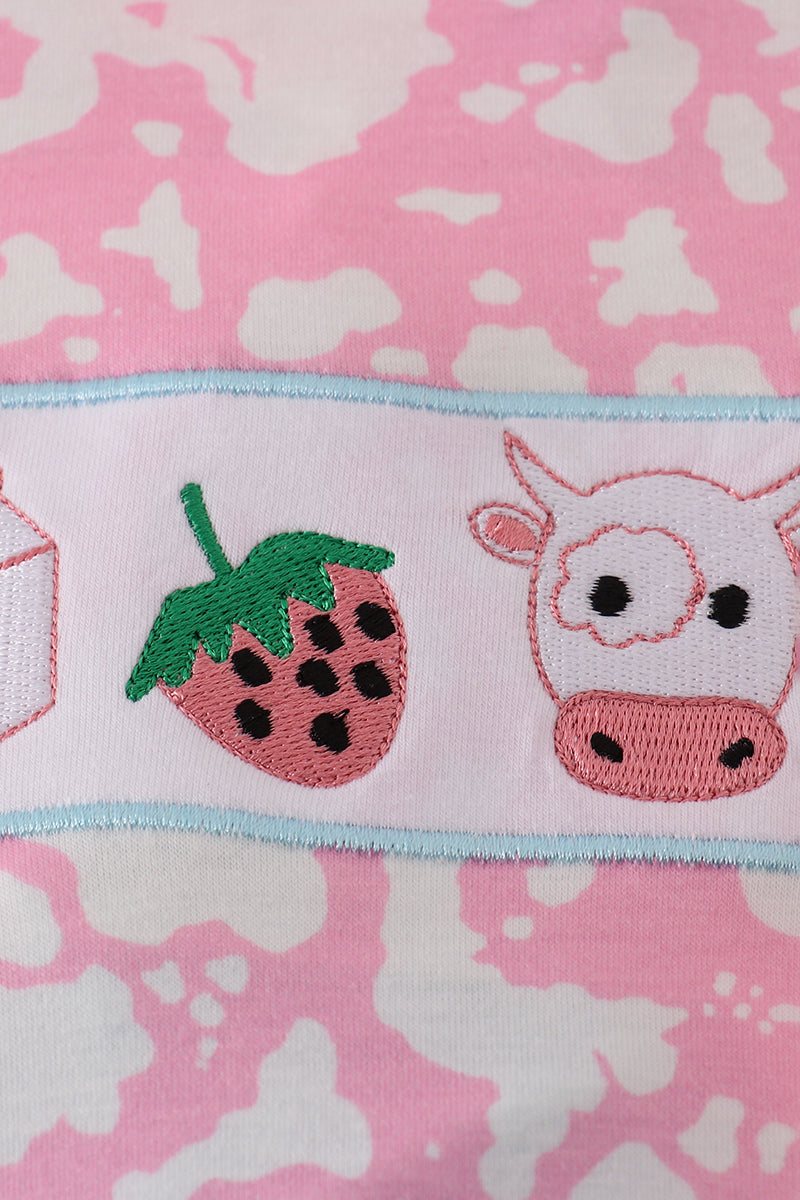 Pink strawberry milk cow embroidery bloomer set