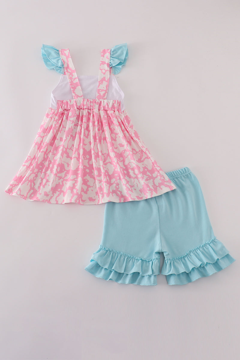 Pink strawberry milk cow embroidery ruffle shorts set