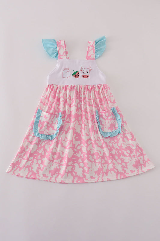 Pink strawberry milk cow embroidery ruffle dress