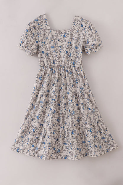 Blue vintage floral print tiered mom dress