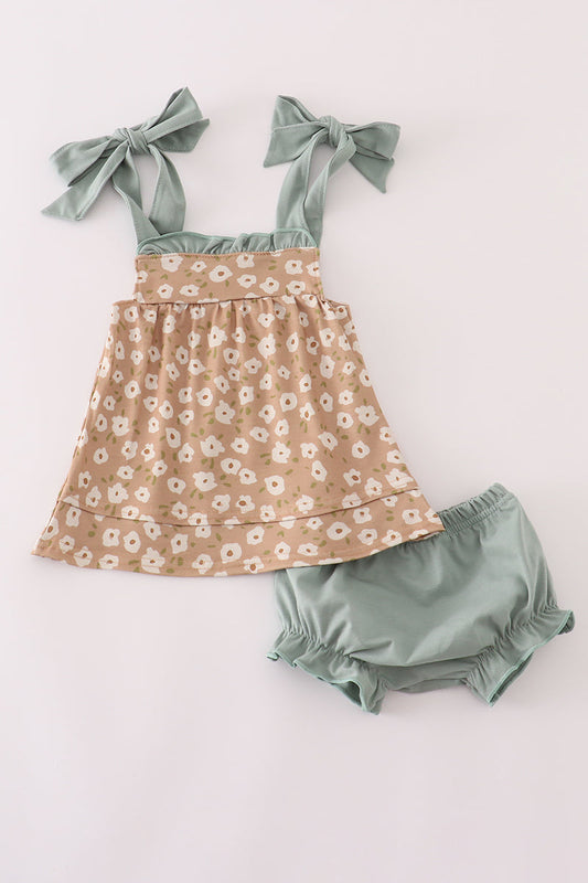 Mustard & mint floral print ruffle bloomer set