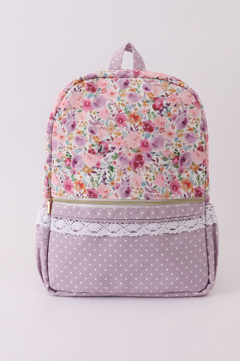 Purple floral print canvas ruffle backpack