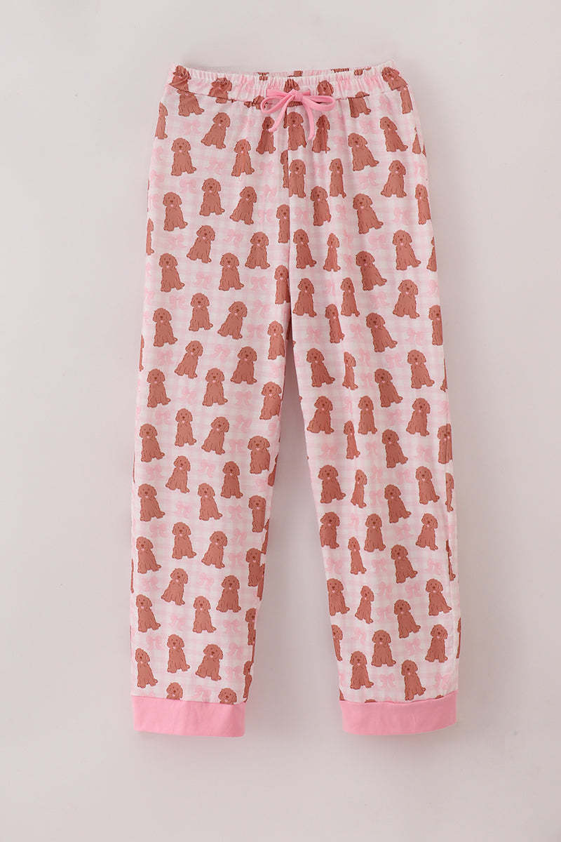 Pink puppy bow print ruffle pajamas mom pants