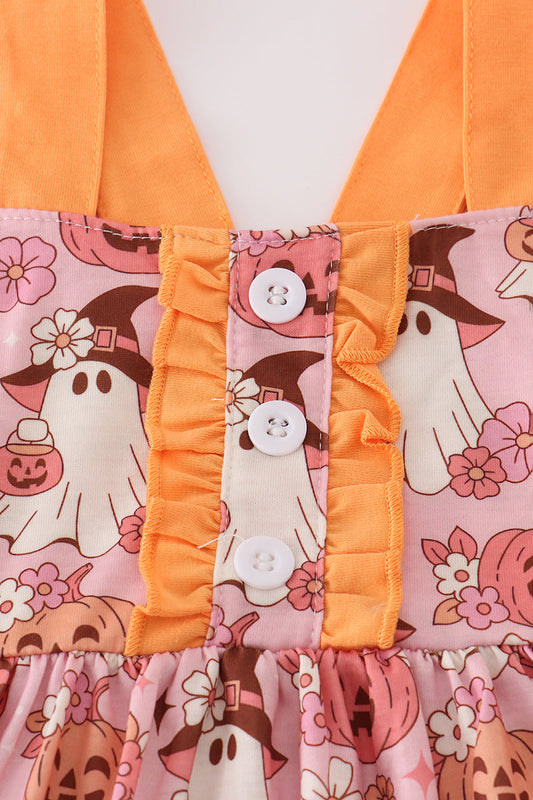 Pink pumpkin ghost print ruffle dress