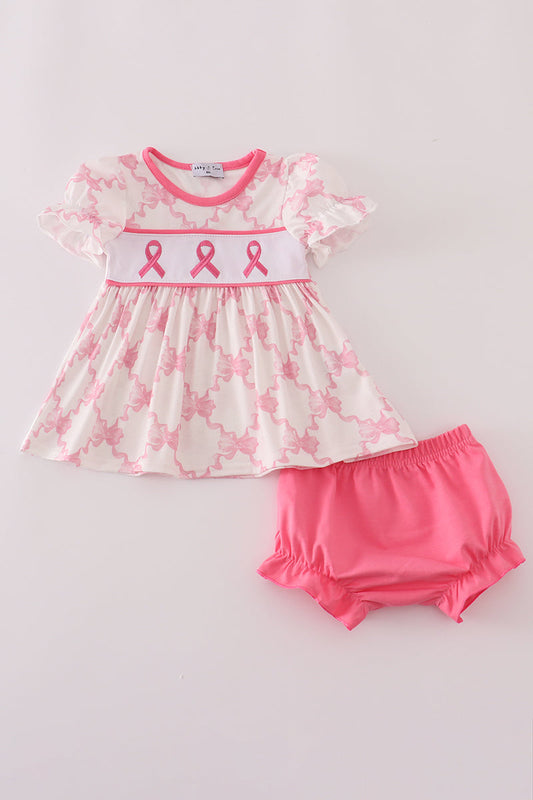 Pink bow tie embroidery ruffle bloomer set