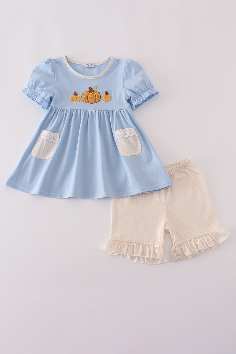 Blue pumpkin french knot ruffle shorts set
