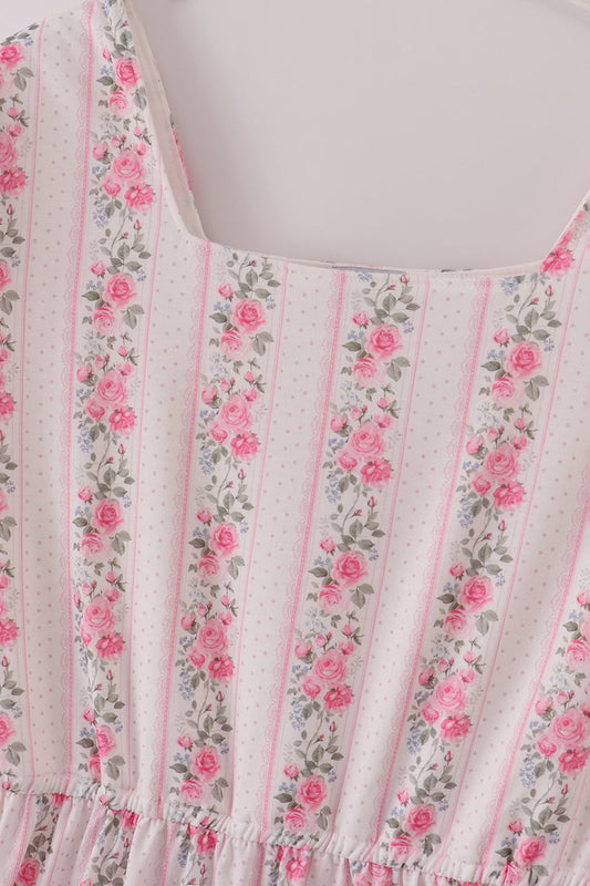 Pink floral print tiered mom dress