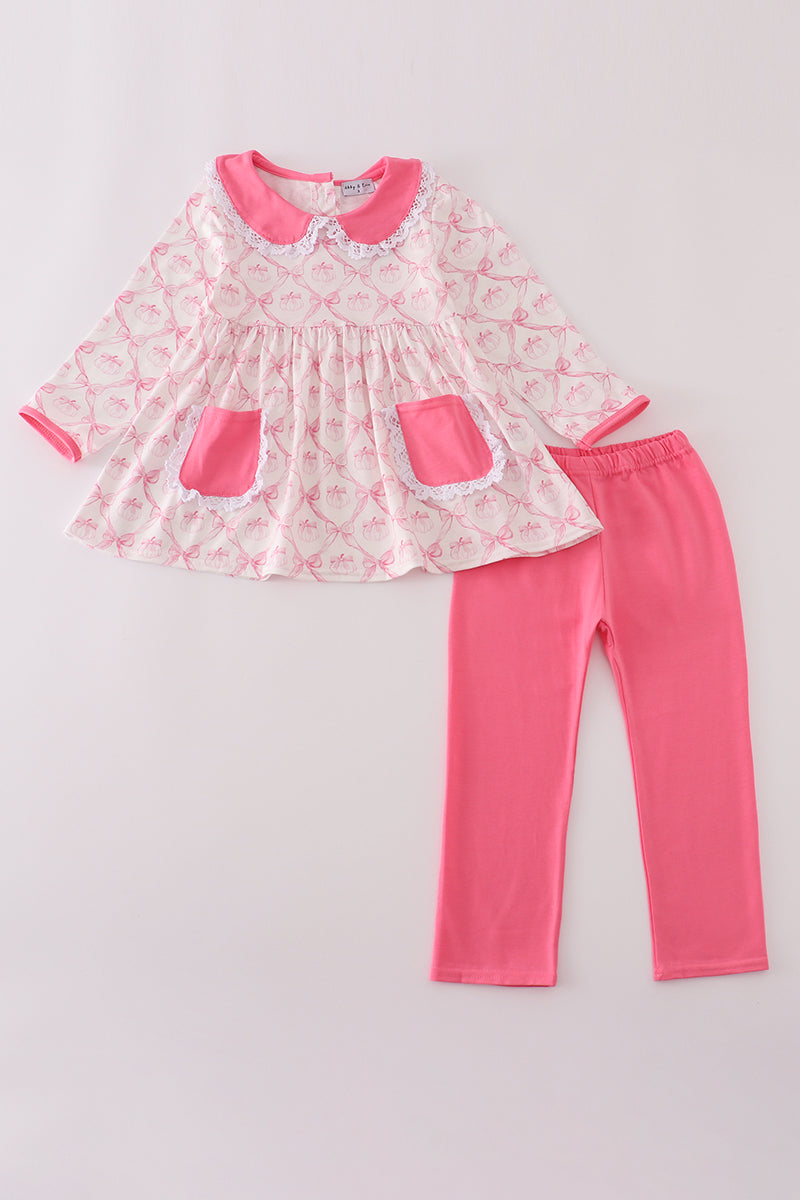 Pink bow tie pumpkin print pants set