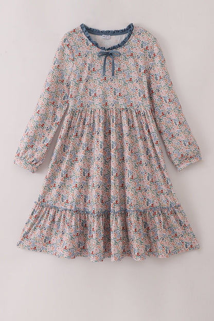 Blue floral print ruffle mom dress