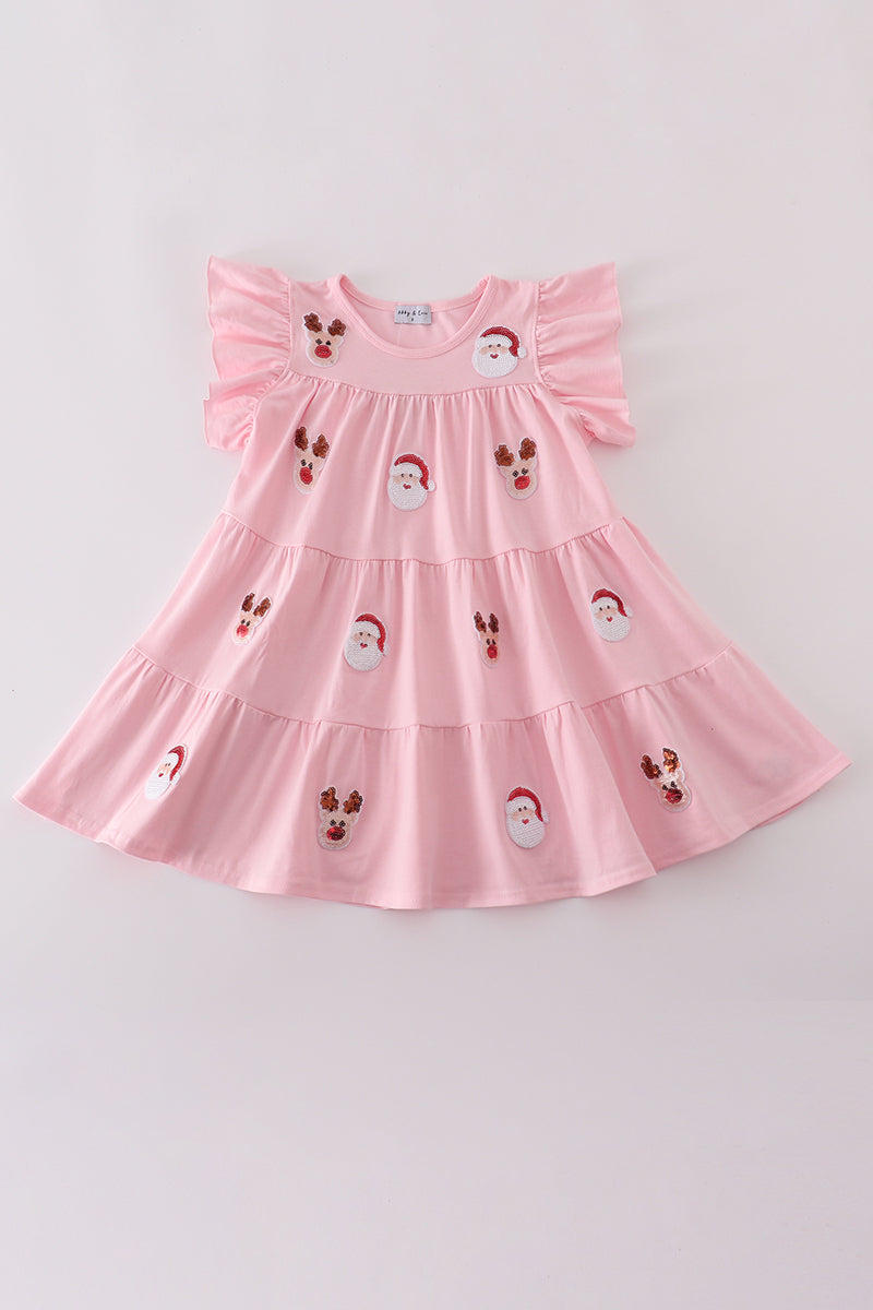 Pink christmas sequin tiered girl dress